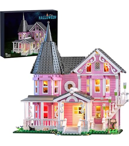 Pink Palace Apartment Building Set with Lights, 1349PCS Halloween